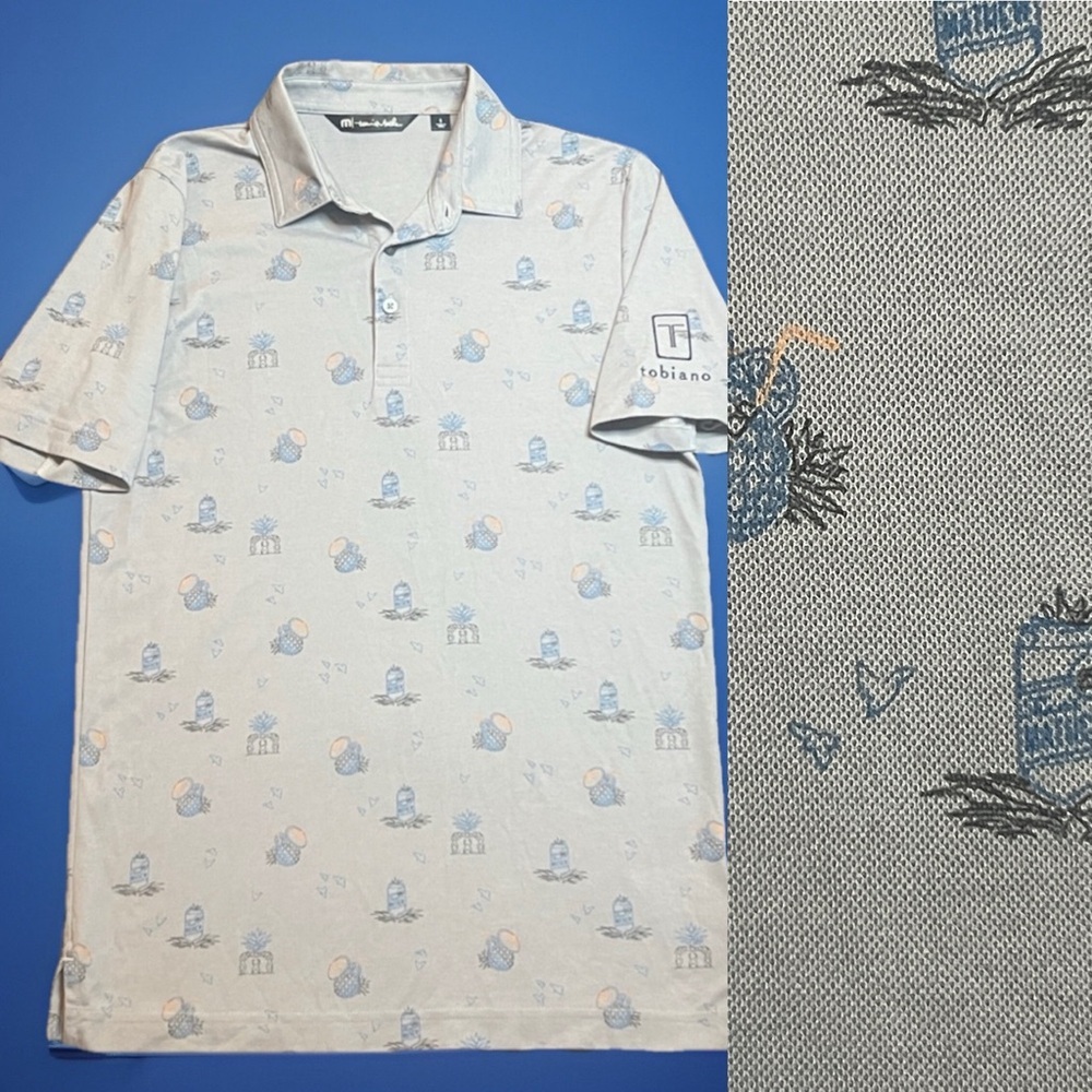 Travis Mathew Denim Blue Golf Polo with Fun Print sz S Tobiano Logo